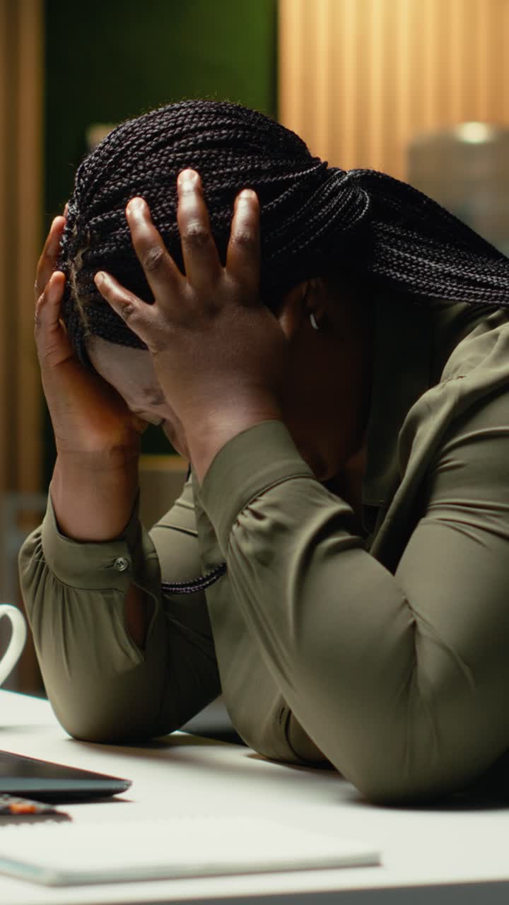 Vertical Video Anxious troubled woman struggling with mental haze and weariness at night