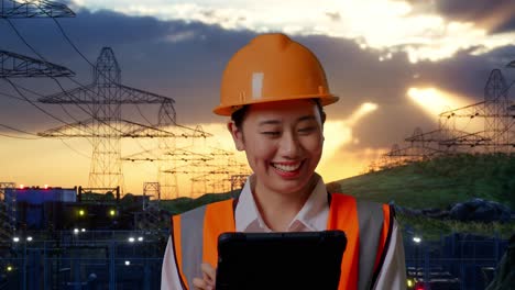 close up of asian female engineer with safety helmet working on a tablet while standing near high voltage tower