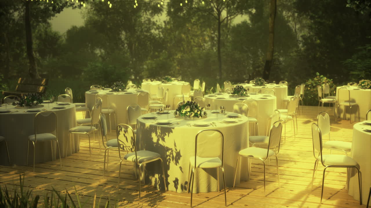 Enchanting outdoor celebration setup with elegant tables under twinkling lights