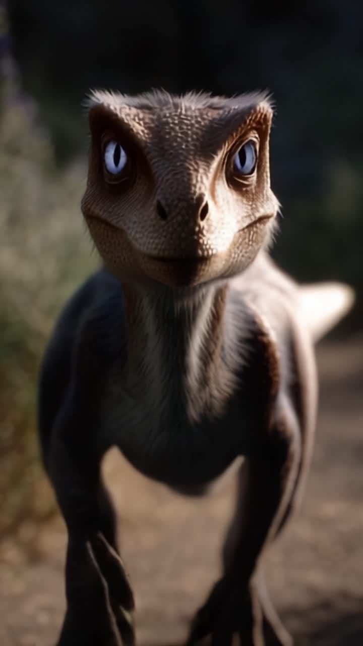 Un dinosauro vivace che corre giocosamente in un ambiente naturale con un'espressione concentrata, emanando fascino e curiosità in ogni dettaglio e posa.