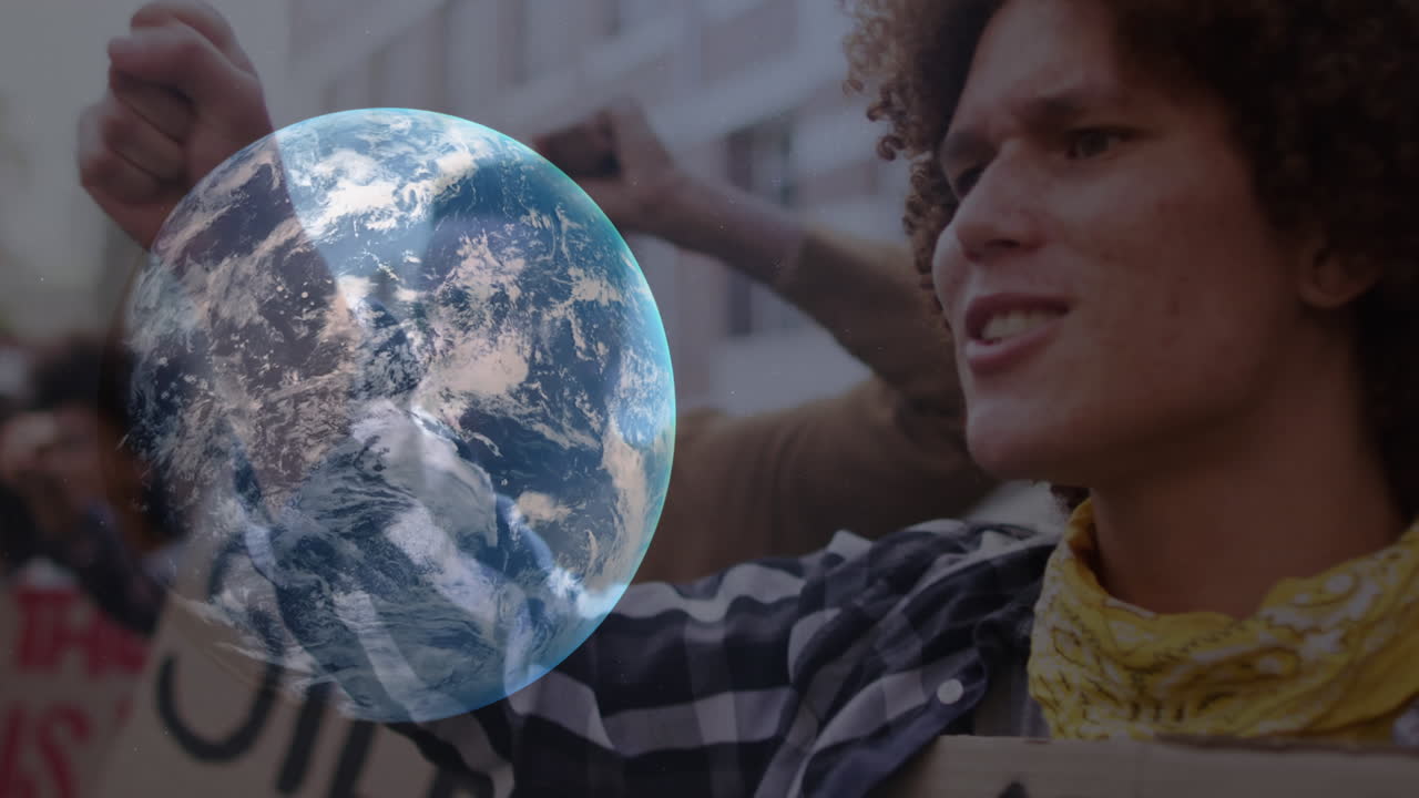 animación del globo girando más gente gritando en la manifestación