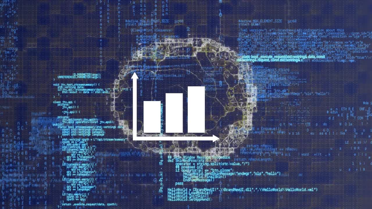 Animation of graph over digital brain and data processing on blue background