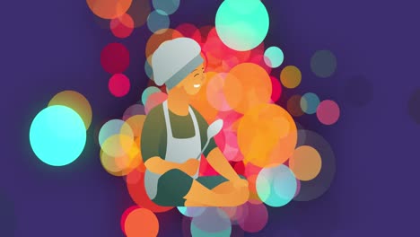 animation of illustration of child in chefs hat holding spoon over colourful moving circles