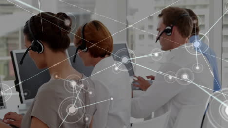 animation of connected dots, diverse call center agents talking with customers wearing headsets