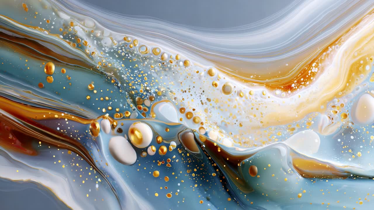 Captivating Abstract Fluid Art: An Enchanting Blend of Gold, White, and Aqua Waves Flowing Together with Dynamic Movement and Intricate Bubble Details in a Relaxing Palette