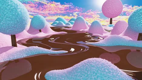 a candy-colored chocolate river landscape