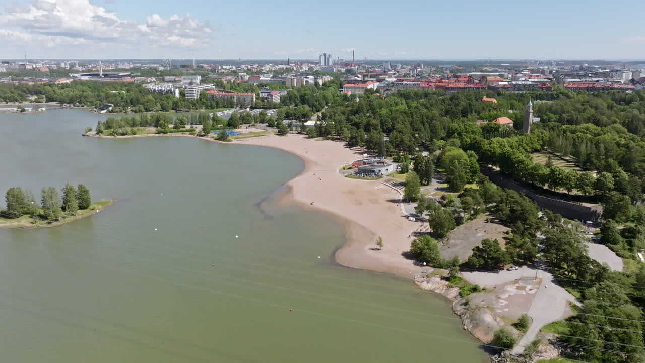 Aerial view away from the Hietaniemi beach, sunny, summer day in Helsinki