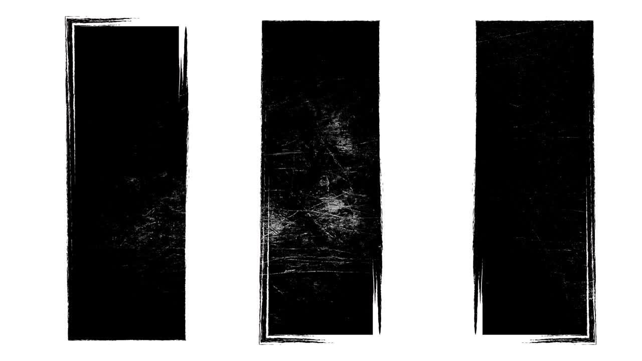 Abstract grunge dirty monochrome three rectangular shapes on white background. Scratched damaged dynamic element in trendy vintage stop motion style. Seamless loop animation for design banner, stamp.
