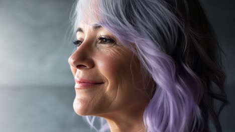 confident woman with vibrant purple hair expressing diverse emotions through nuanced facial gestures during professional beauty montage highlighting personal authenticity