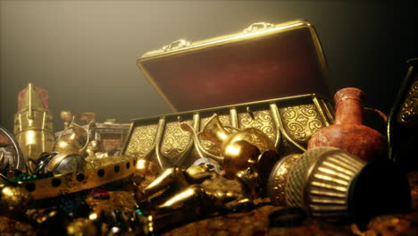 open treasure chest filled with gold and antique artifacts