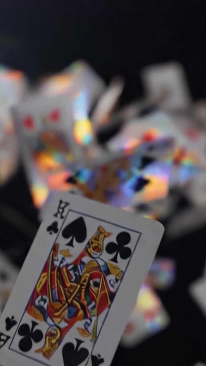 Uno spettacolo sbalorditivo di carte da gioco che cadono: catturando il movimento dinamico e il riflesso scintillante delle carte in un ambiente scuro.