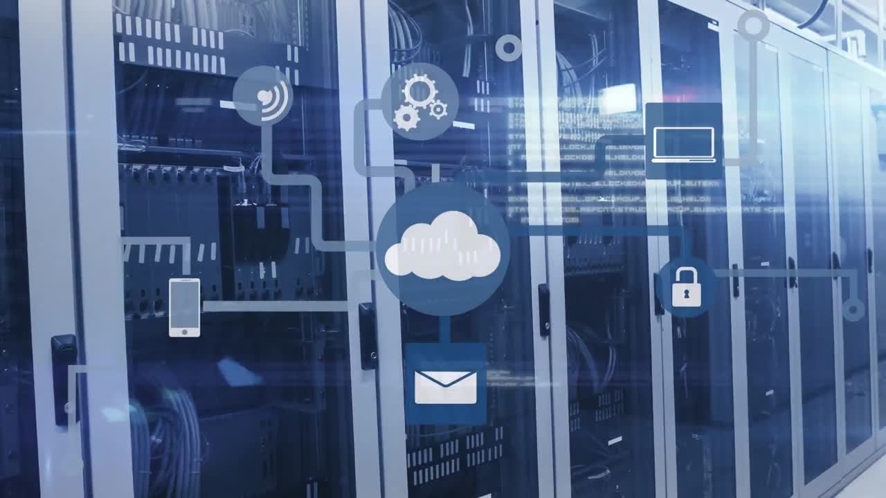 Animation of network of digital icons, data processing and light spot against computer server room