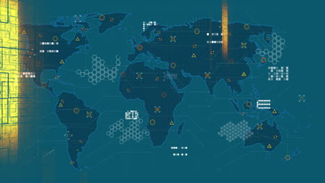 Animation-of-falling-yellow-blocks-and-data-processing-over-blue-world-map