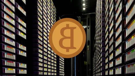 animation of bitcoin over server room