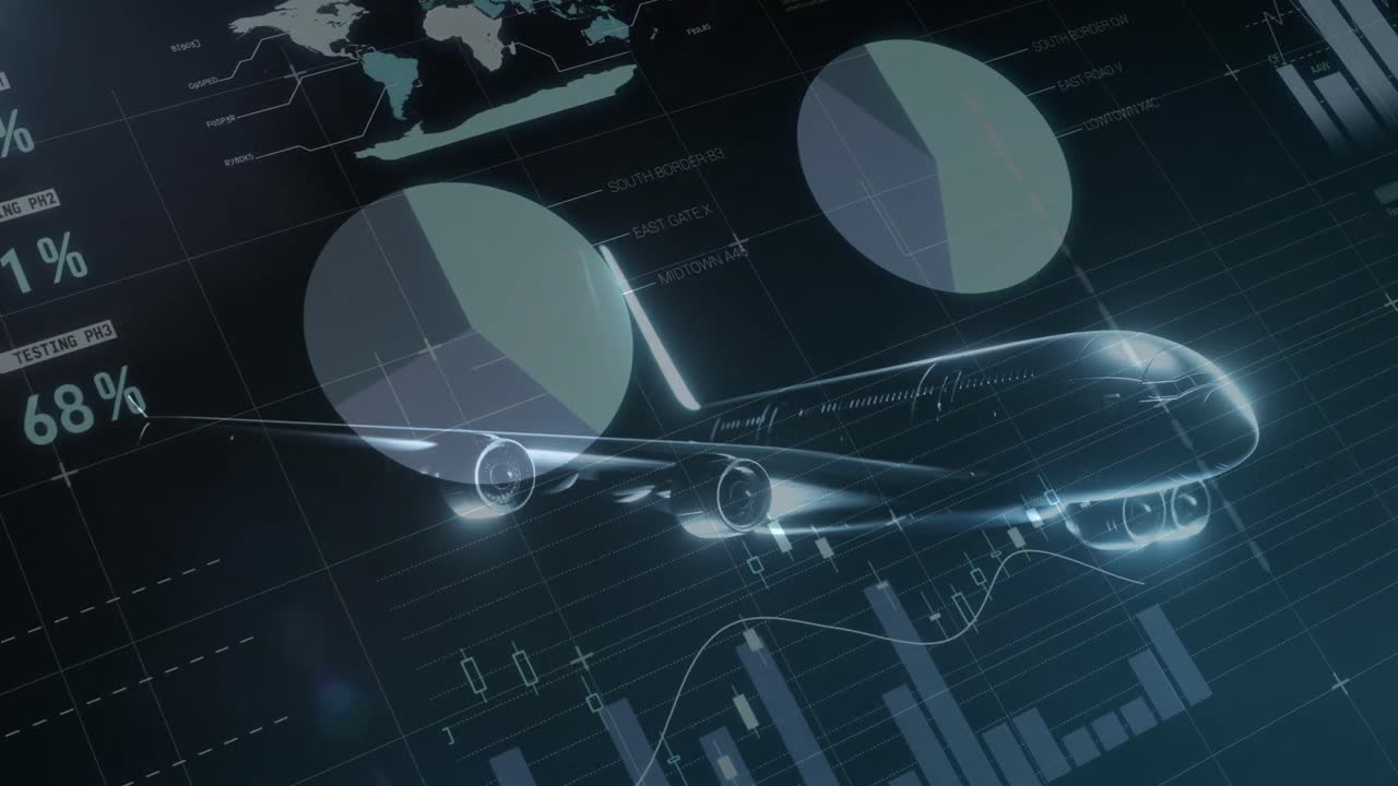 animación del avión sobre cartas y procesamiento de datos sobre fondo negro.