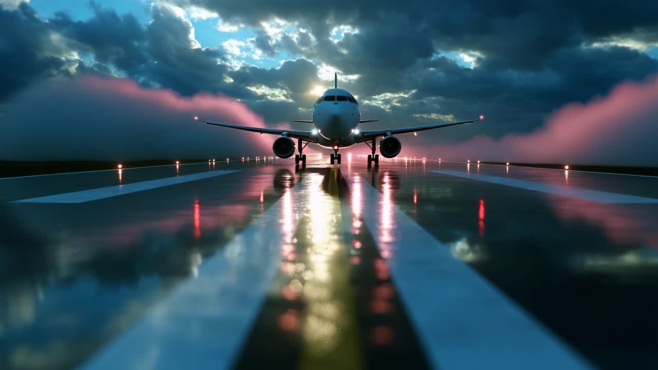An Impressive Arrival: Captivating Perspective of an Airplane Taxiing on a Gleaming Runway with Vibrant Reflections and Clouds at Sunset, Creating a Striking Landscape in Flight Preparation