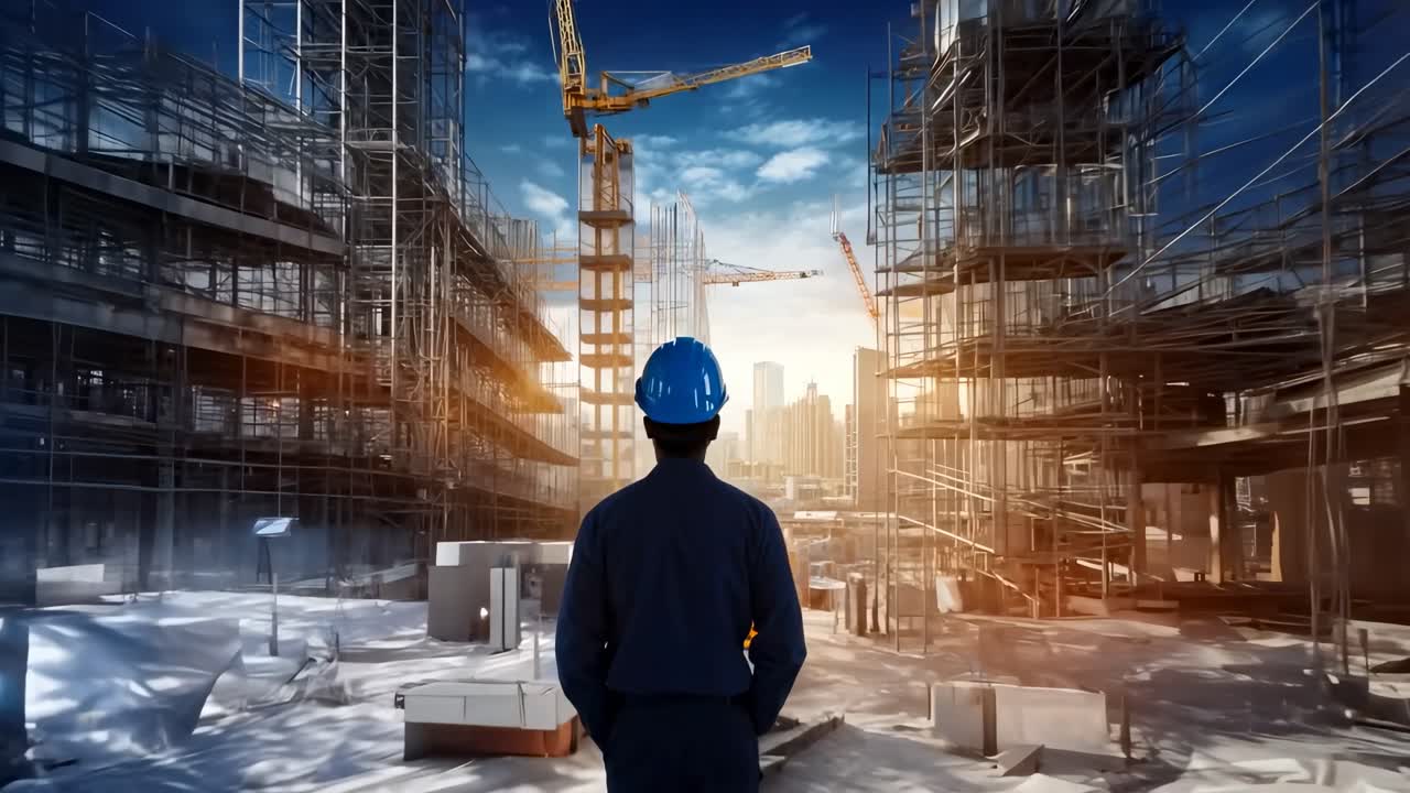 A video still shows a construction worker from behind, standing amidst a futuristic cityscape