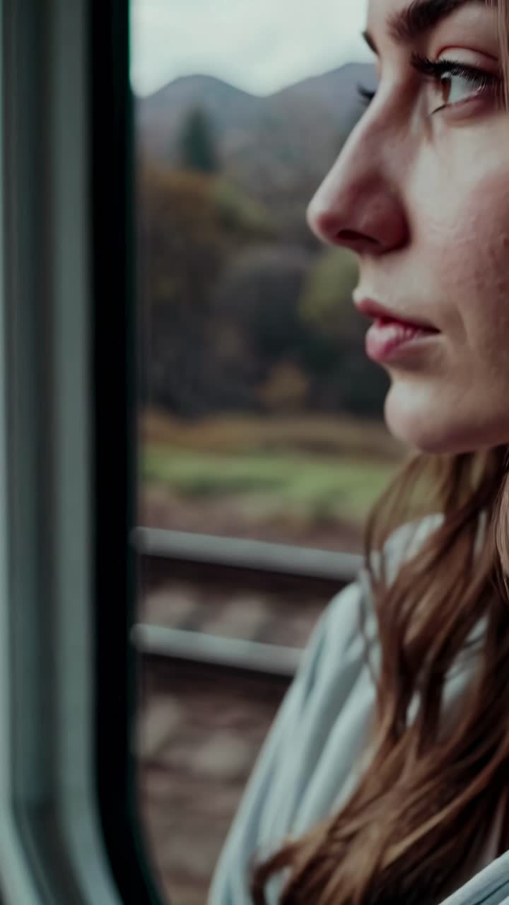 Close-up side profile of a woman gazing out a train window, capturing a reflective mood
