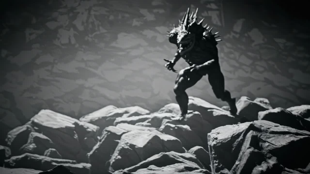 A dramatic low-angle shot of a spiky creature on rocks, in a monochrome, cinematic style