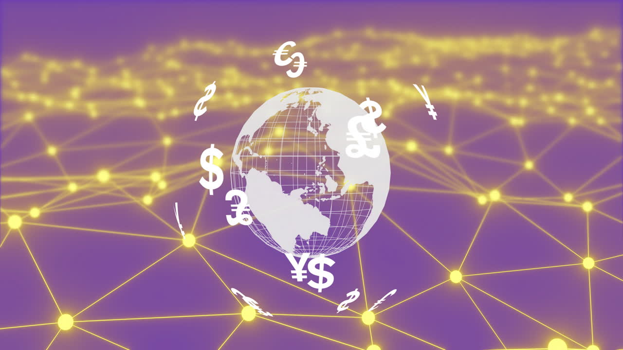 지구를 중심으로 회전하는 글로벌 통화 기호 네트워크 연결을 통해 애니메이션