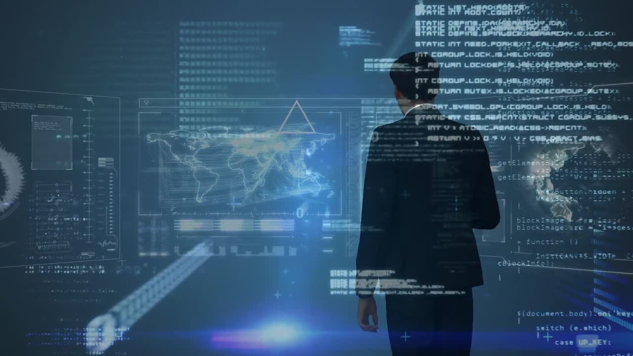 Animasjon av finansiell databehandling over forretningsmann