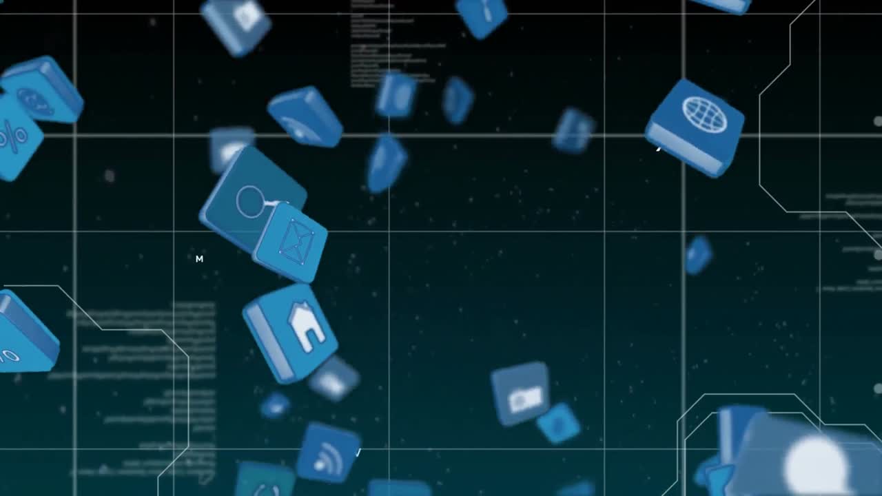 iconos en línea y de aplicaciones en cuadrados en un fondo futurista con códigos de programa