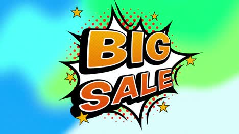 Animation-of-text-big-sale,-over-explosion,-on-green-and-blue-blurred-background