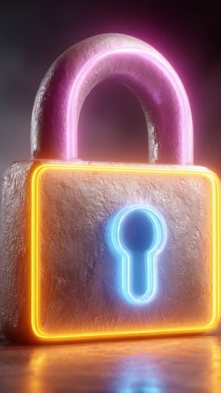Un affascinante lucchetto illuminato al neon, simbolo di sicurezza e protezione dalle minacce digitali negli ambienti tecnologici moderni