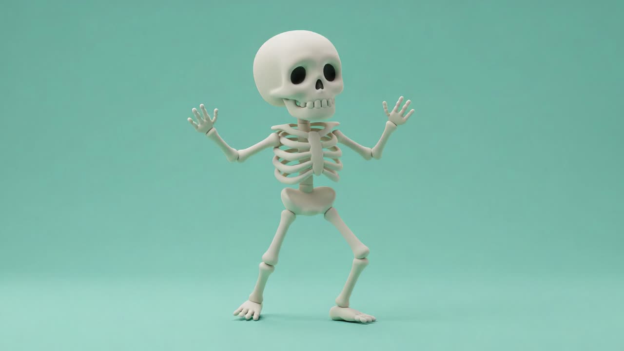 A Whimsical Animation of a Playful Skeleton Dancing Against a Soft Turquoise Background, Showcasing Fun Movements and Bone Structure in a Lighthearted Style
