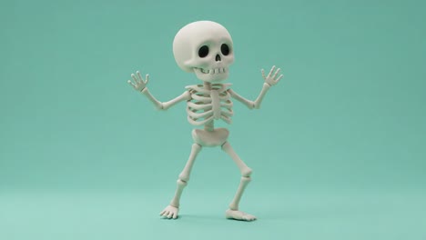 a whimsical animation of a playful skeleton dancing against a soft turquoise background, showcasing fun movements and bone structure in a lighthearted style