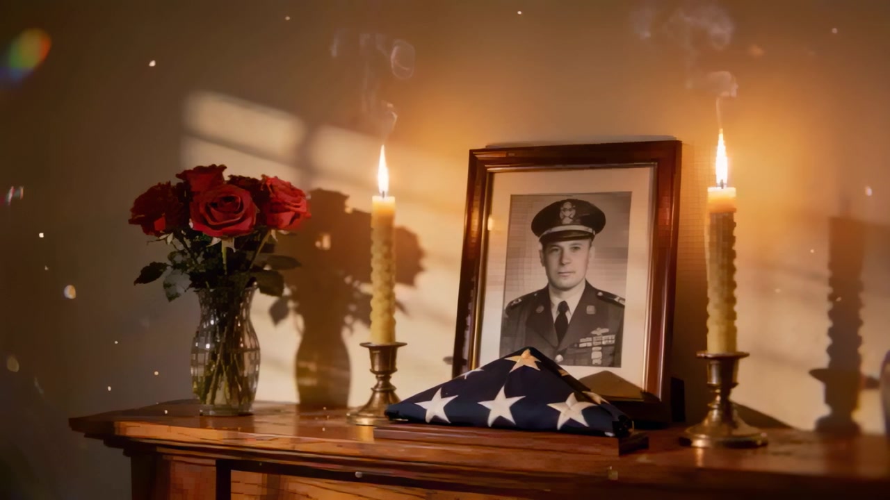 Light shifting, candle flames flickering by military portrait and folded American flag in memory