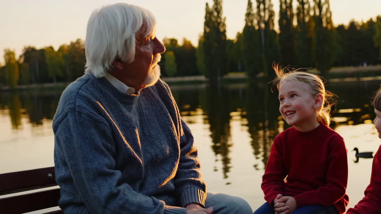 Grandparent talking to grandkids at the park during sunset