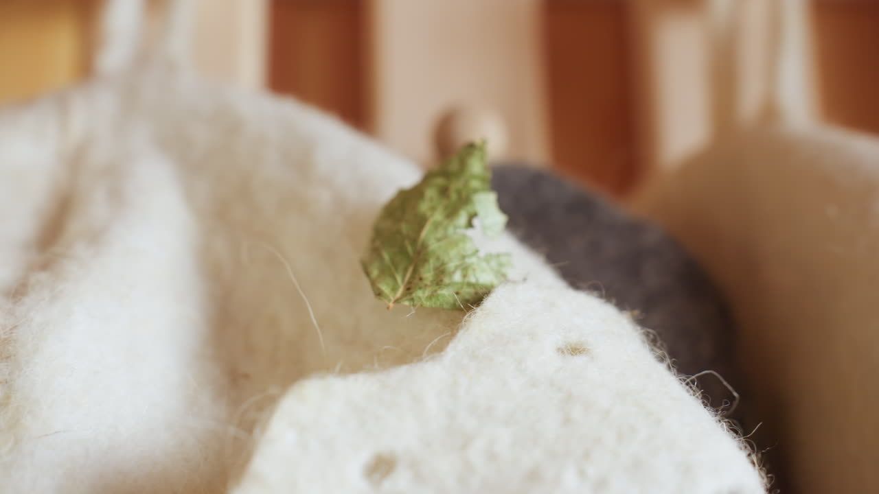 Close up of soft wool hat with dry leaf resting gently on light textured fabric surface, surrounded by warm indoor tones and delicate blur in background, evoking quiet stillness and autumnal calm