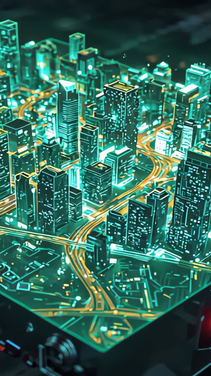 Video verticale: piattaforma esagonale potenziata, città verde neon che ruota in una control room con bagliore LED rosso