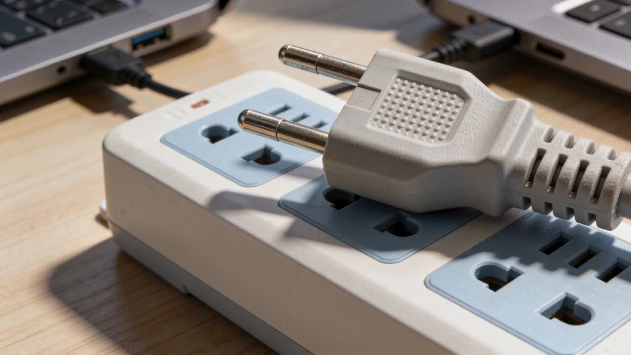 Moving camera forward, power strip and plug coming into clearer focus on office desk with laptops