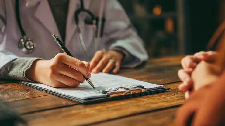 En sundhedsfaglig konsultation: En læge dokumenterer vigtige patientoplysninger under en konsultation med fokus på pleje- og kommunikationskvalitet.