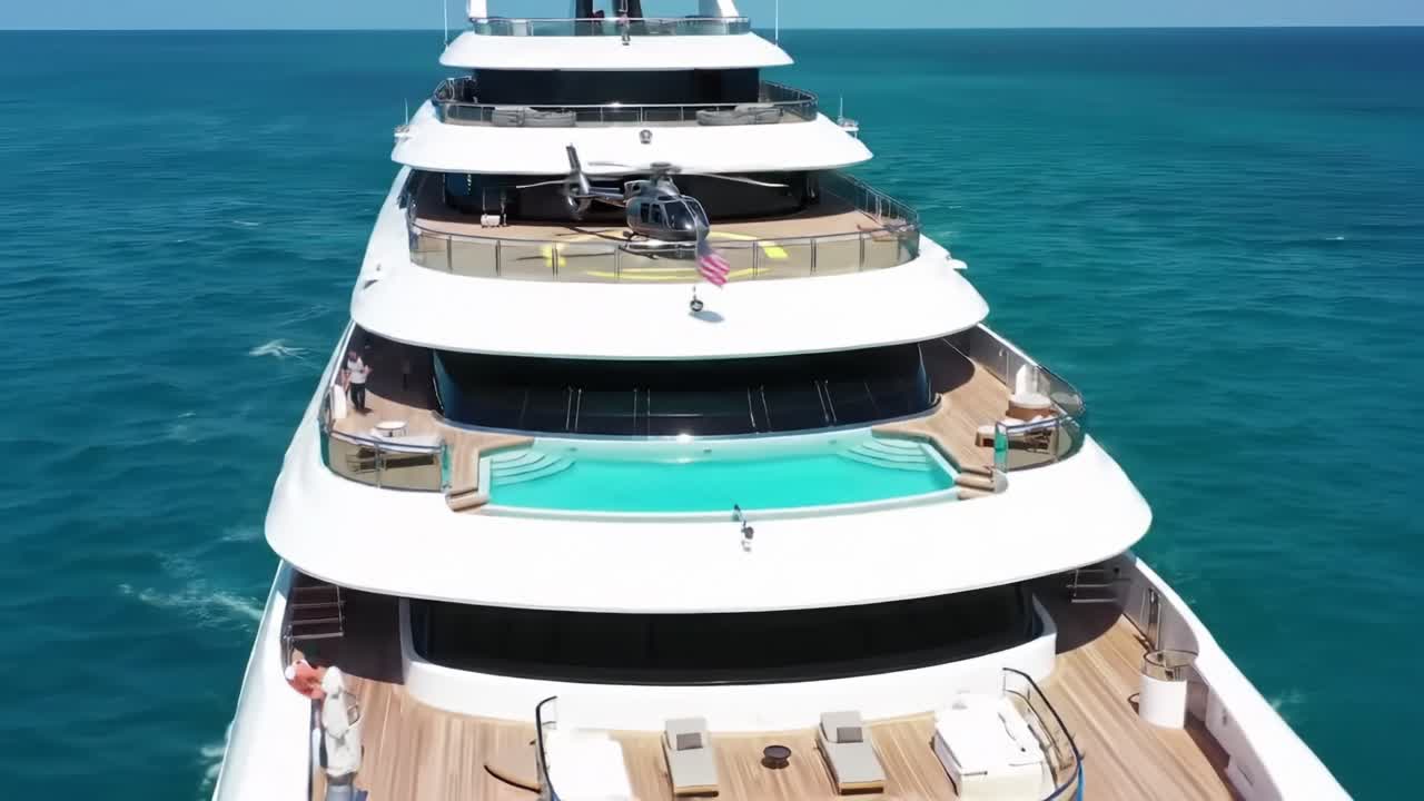 Luxurious Mega Yacht Featuring a Helicopter Pad and Stunning Ocean Views, Showcasing Ultimate Relaxation and Opulence on the Water