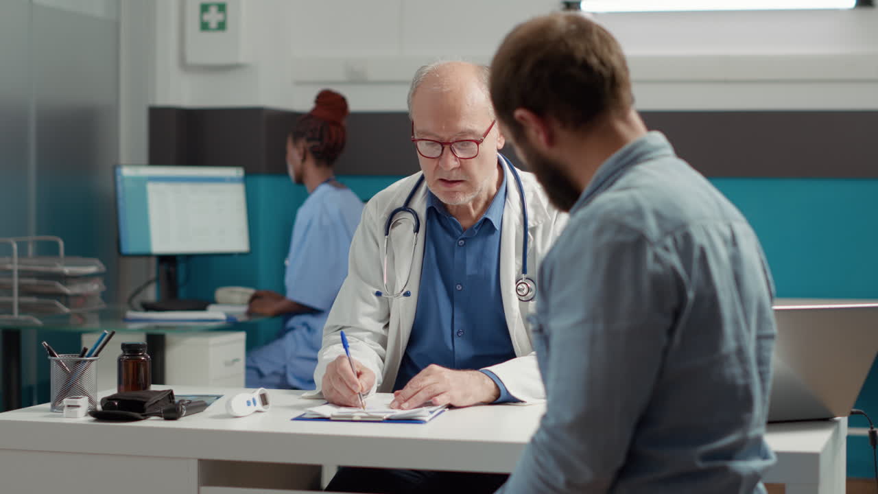 Male physician writing checkup visit report on medical files