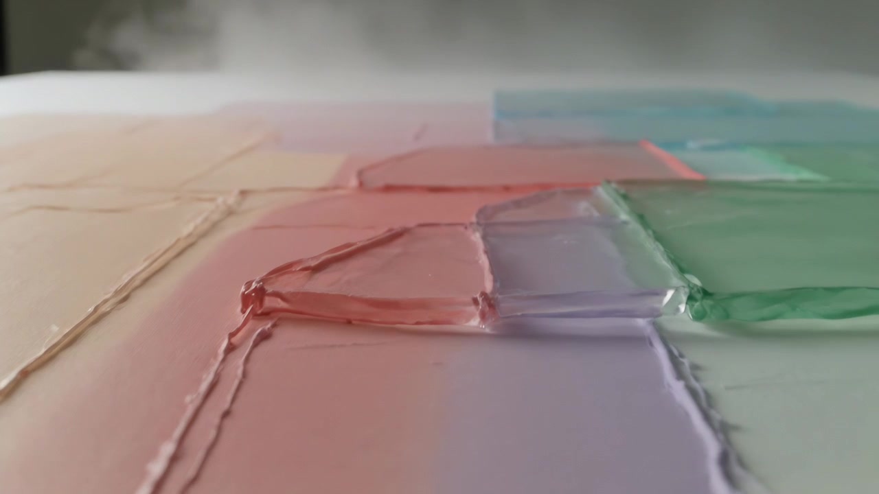 Macchie di gel lucido che si depositano e si espandono su un pannello bianco, con la gravità che le attira in pozzetti incassati.
