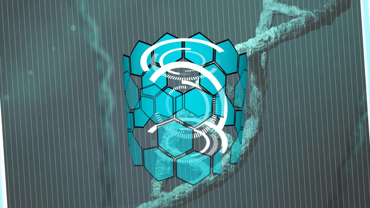 animación de círculos blancos y cadena de adn girando sobre rayas