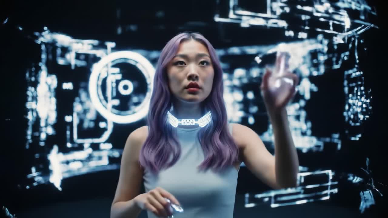 홀로그램 디스플레이와 상호 작용하는 여성