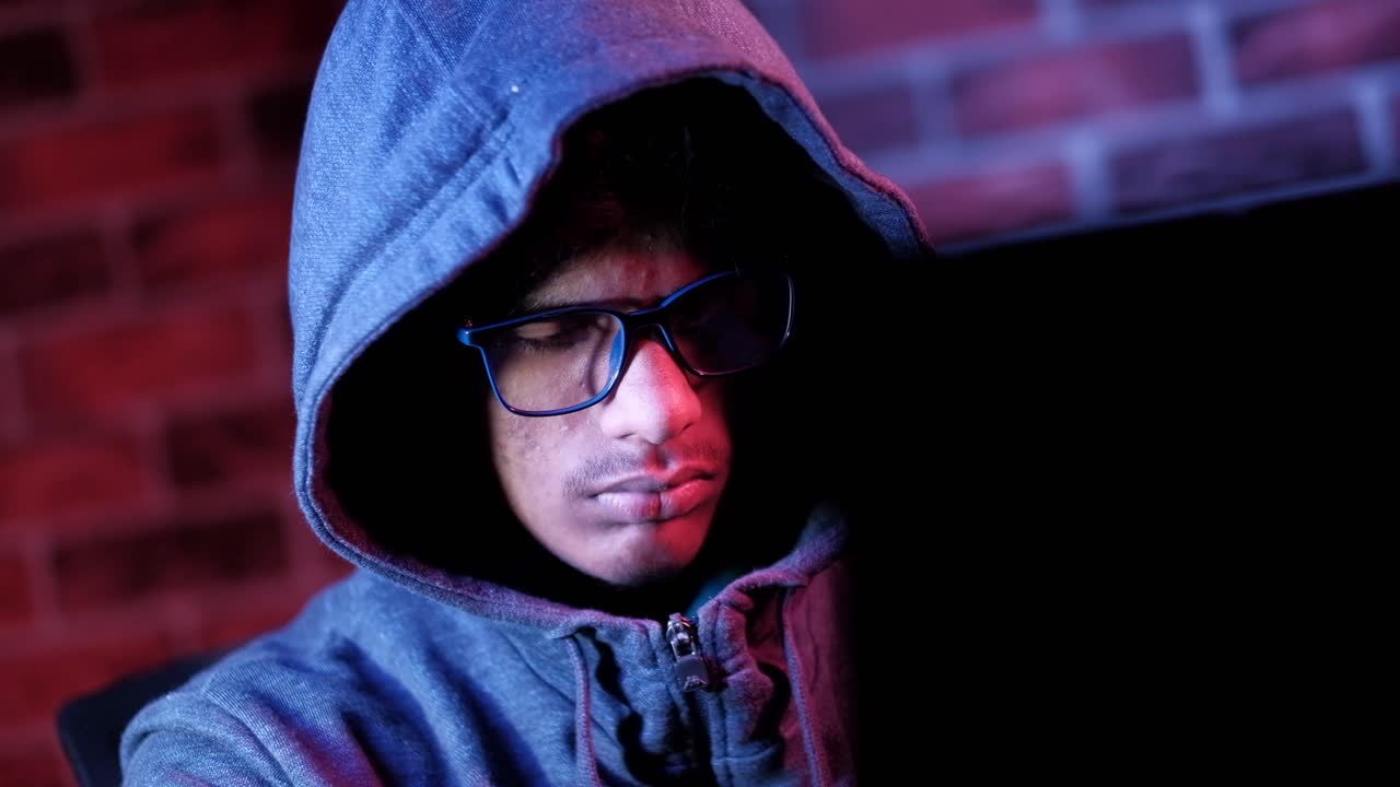 젊은 해커가 밤에 노트북에서 일하고 있습니다.