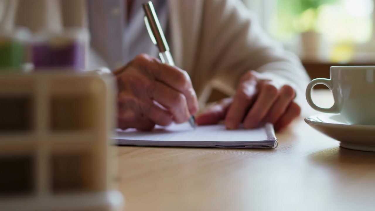Nærbilde av bordscene viser voksne hender som skriver medisinlogg med penn på notatblokk ved siden av en plastpilleorganisator, fargerike medisinflasker, et keramisk krus og varmt vinduslys for daglig hjemmepleie.