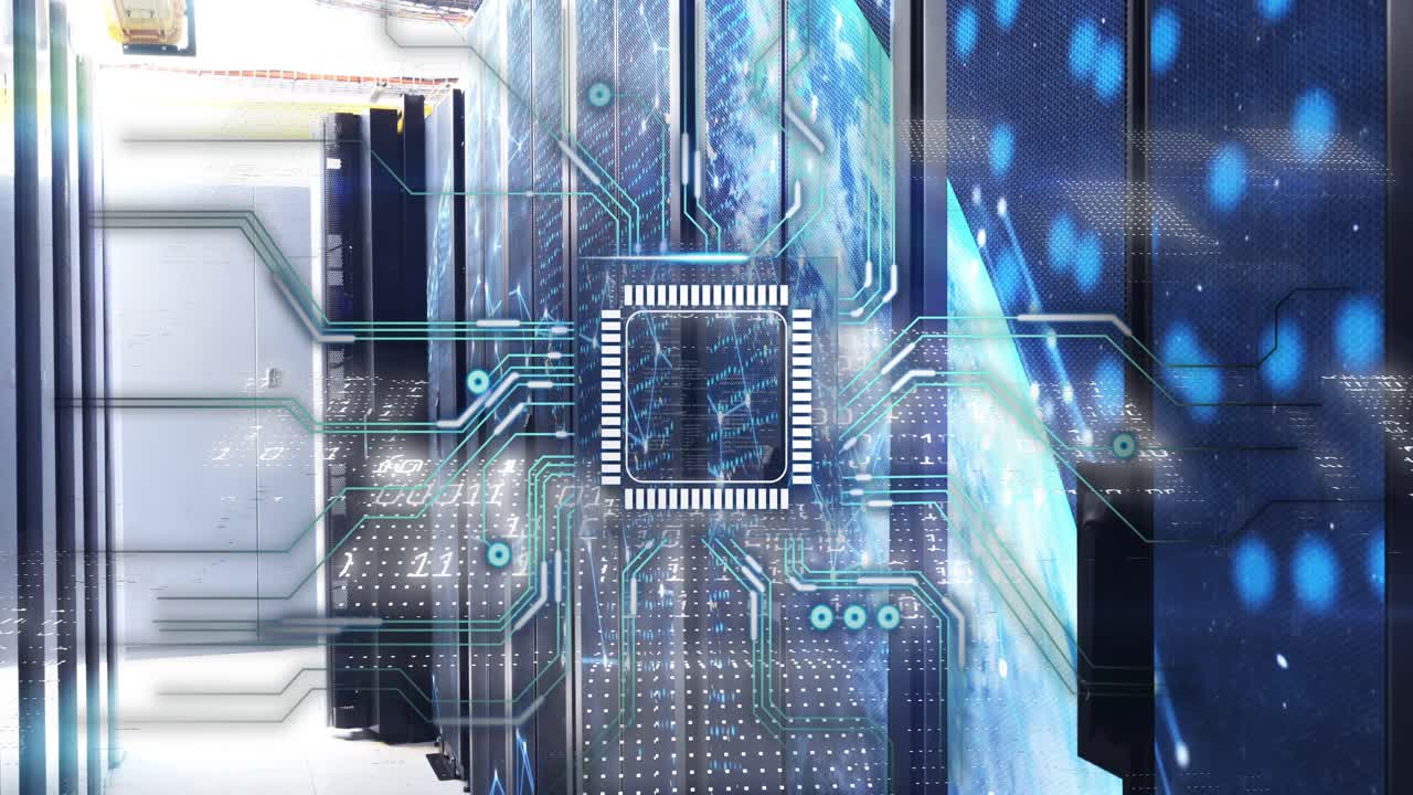 Server racks displaying microchip overlay in data center, square marker expanding to show data flow