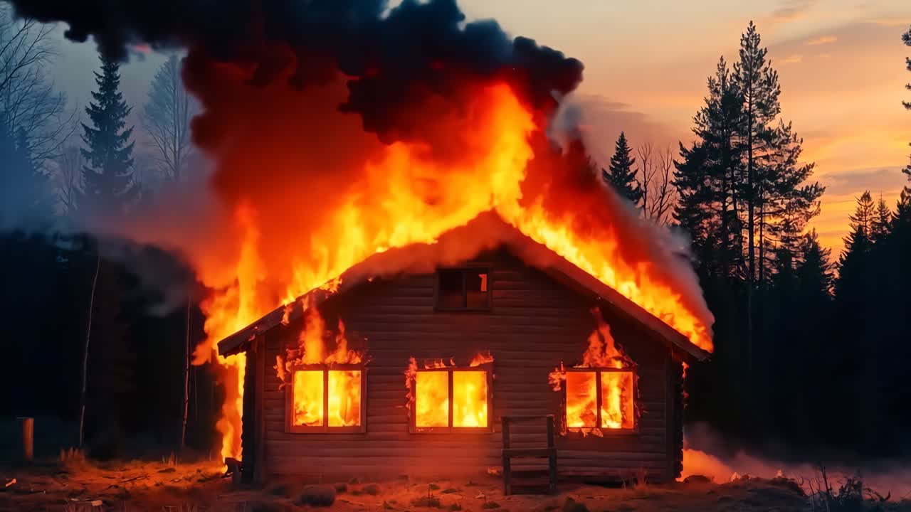 una casa en llamas en el medio de un bosque