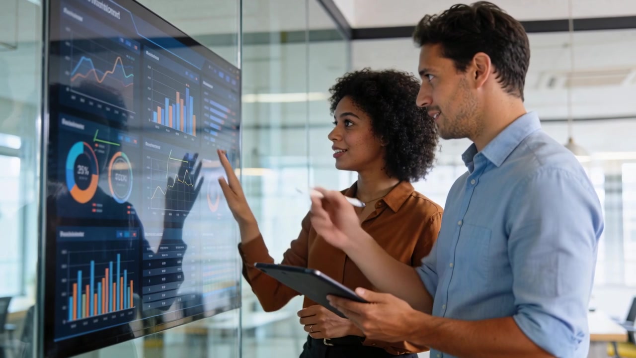 Pointing brown-blouse woman starting review with man in office, noting charts on screen and tablets