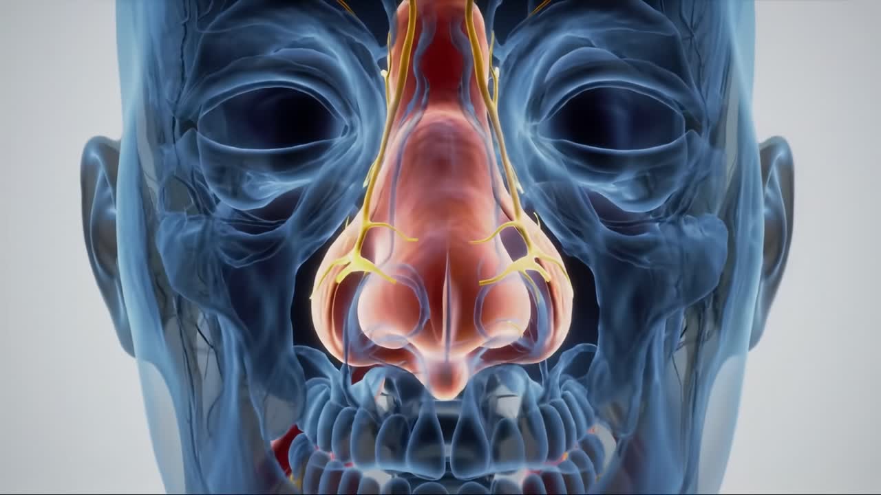 Detailed Anatomical Visualization of the Human Nose and Associated Vascular Structures Showing Blood Flow and Nerve Connections