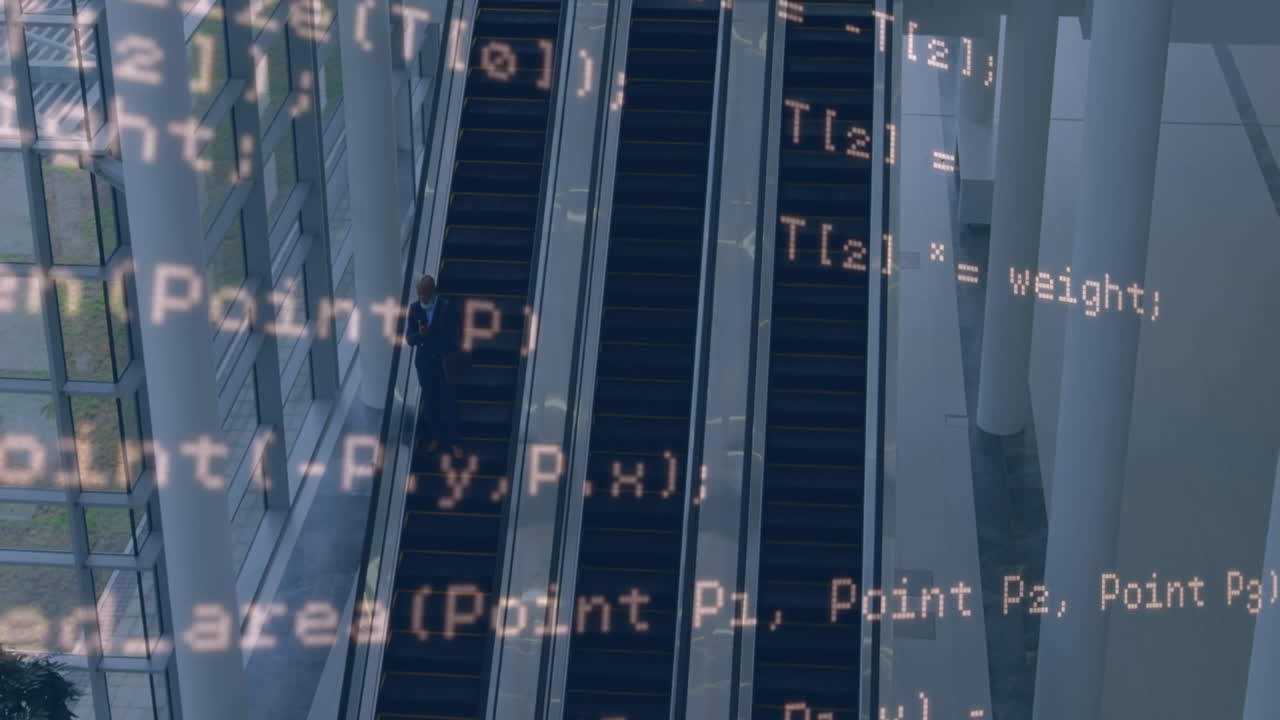 Animation of data processing over caucasian businessman on escalators
