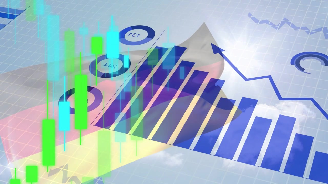 Finanzgrafik zeigt aufsteigende Kerzencharts mit Wellenmuster über schrägen Balken zur Darstellung des Markttrends