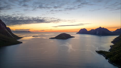 Idyllic-View-Of-Torsken-Fjord-Against-Colorful-Sunset-Sky-In-Senja-Island,-Troms-og-Finnmark-County,-Norway